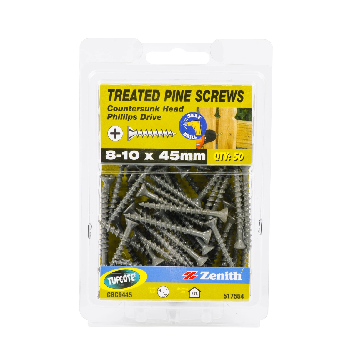 ZENITH® 8G x 45mm TUFCOTE®, Phillips Drive, Treated Pine Screws – External Use – 50 Pack