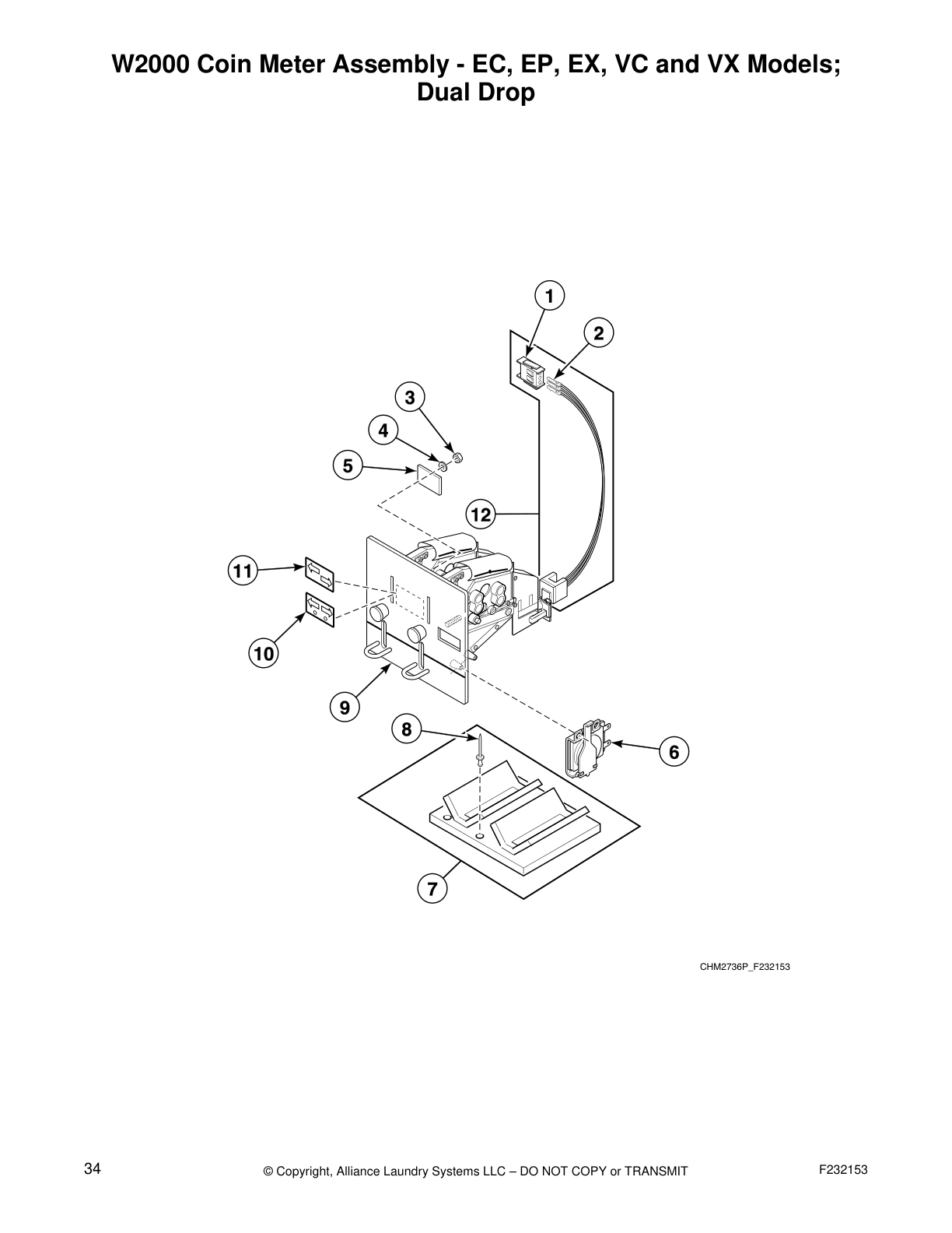 W2000 Coin Meter Assembly - EC, EP, EX, VC and VX Models; 
Dual Drop