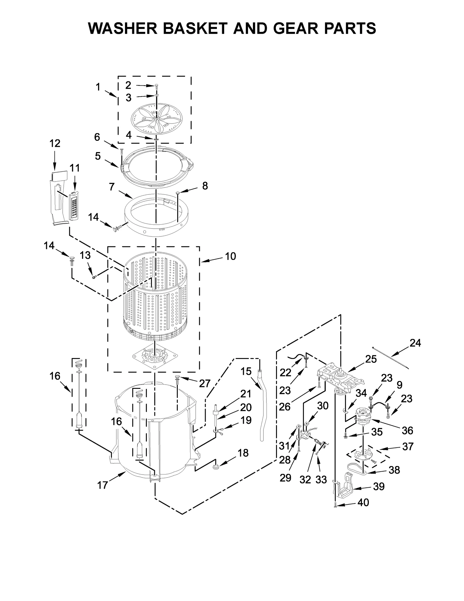 WASHER BASKET AND GEAR PARTS