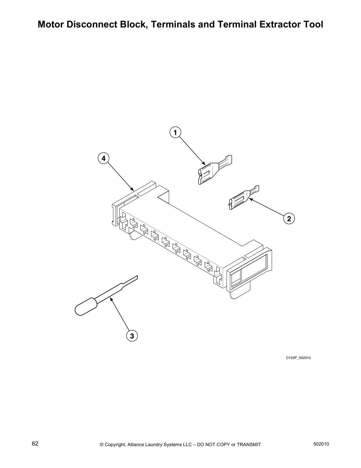 Motor Disconnect Block, Terminals and Terminal Extractor Tool