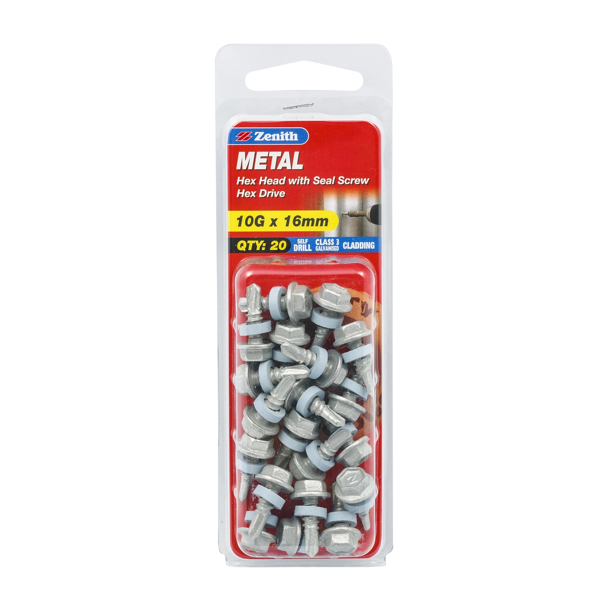 ZENITH® 10G x 16mm Class 3 Galvanised, Self Drilling, External Hex Drive, Cladding & Roofing Screws with Seal – External Use – 20 Pack