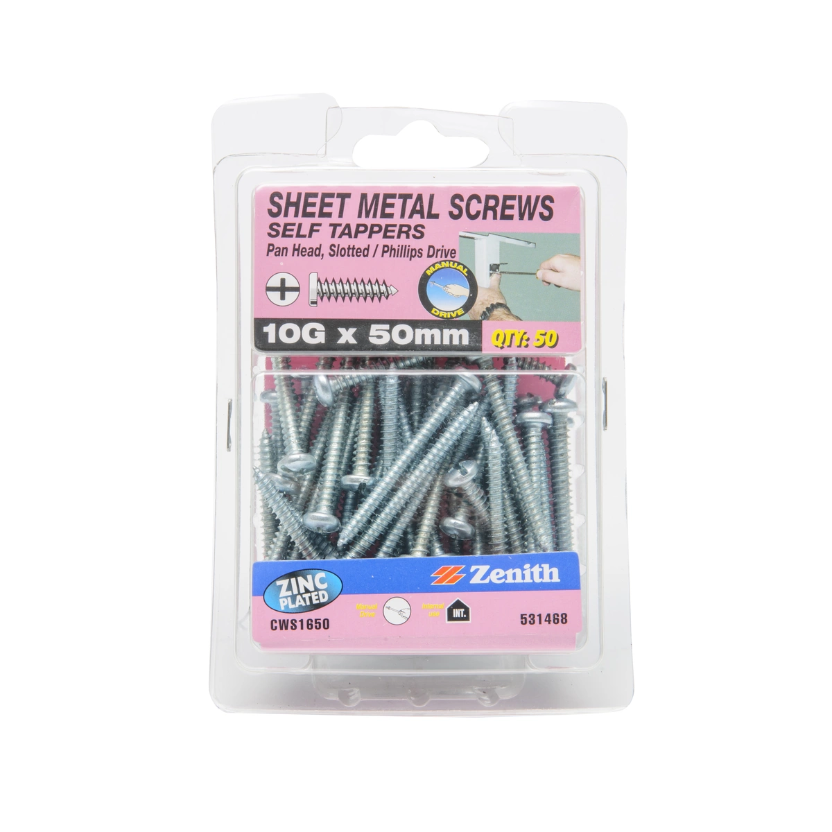 ZENITH® 10G x 50mm Zinc Plated, Self Tapping, Combination Drive, Sheet Metal Screws – Internal Use – 50 Pack