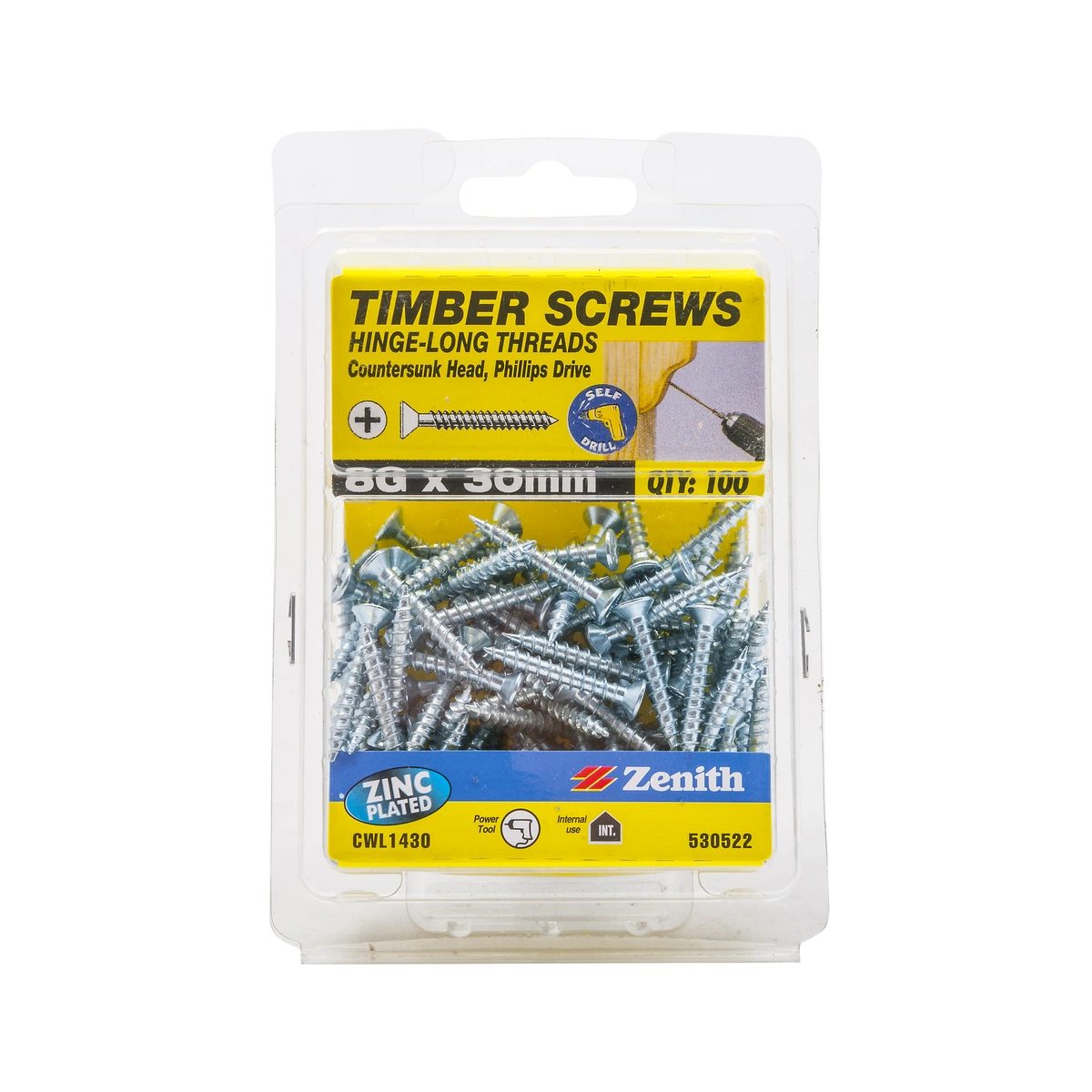ZENITH® 8G x 30mm Zinc Plated, Phillips Drive, Timber Screws – Internal Use – 100 Pack