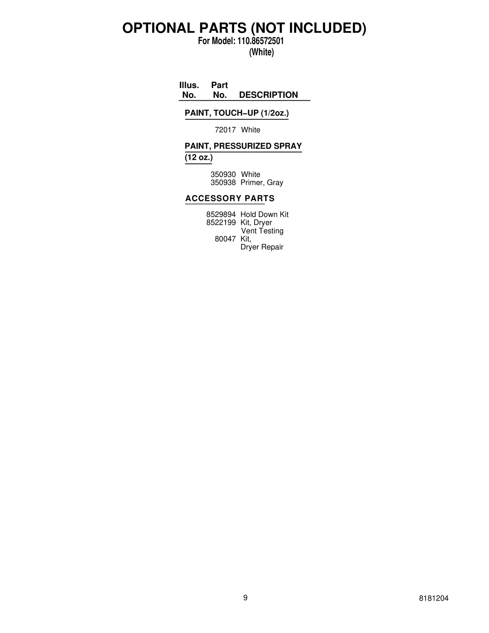 OPTIONAL PARTS (NOT INCLUDED)