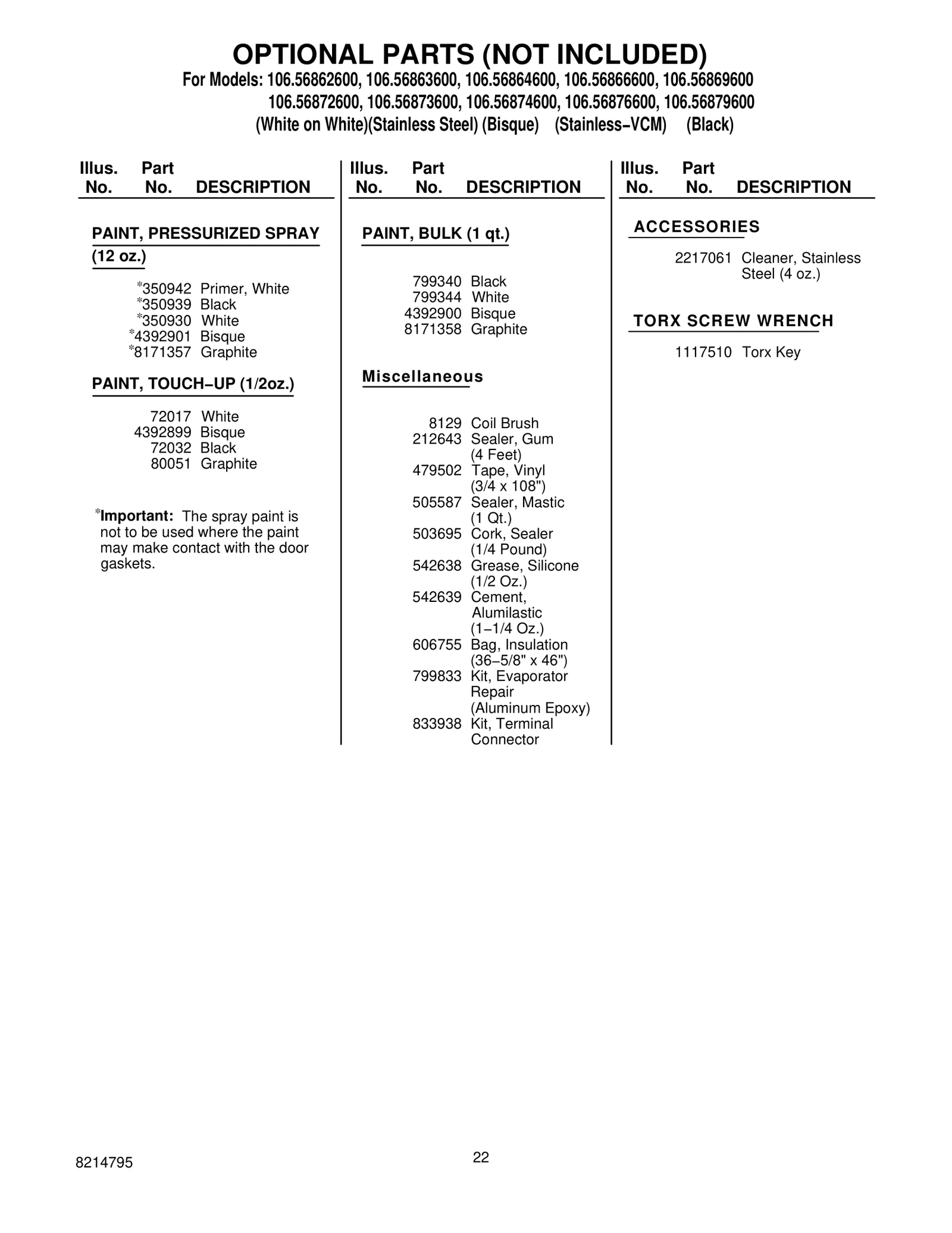 OPTIONAL PARTS (NOT INCLUDED)