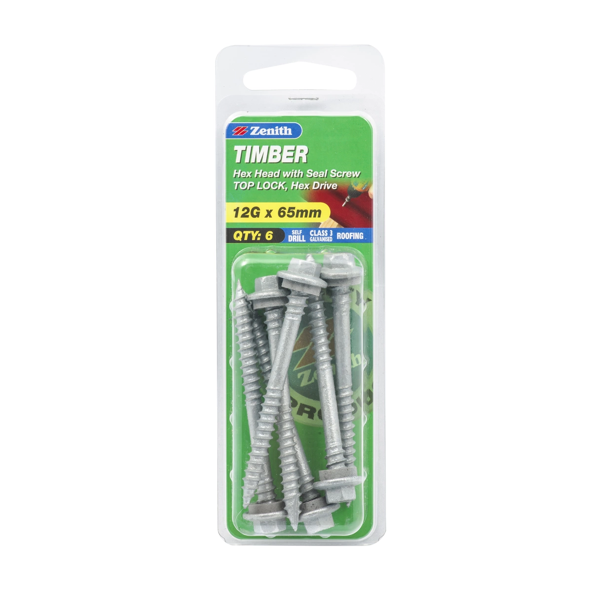 ZENITH® 12G x 65mm Class 3 Galvanised, External Hex Drive, Hex Head, Cladding & Roofing Screws with Seal – External Use – 6 Pack