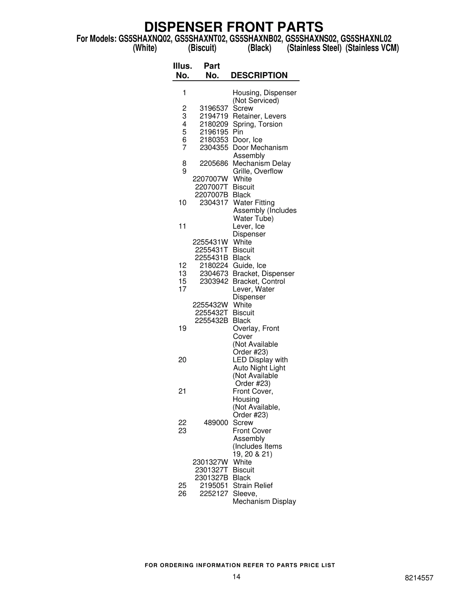 DISPENSER FRONT PARTS