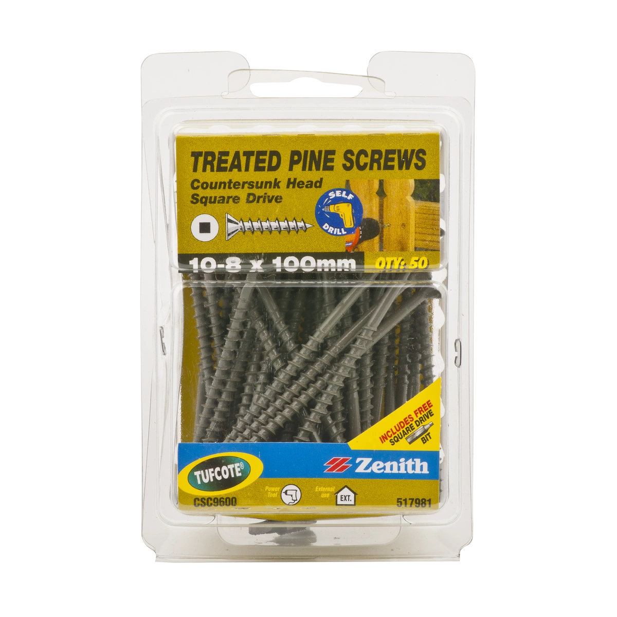 ZENITH® 10G x 100mm TUFCOTE®, Square Drive, Treated Pine Screws – External Use – 50 Pack
