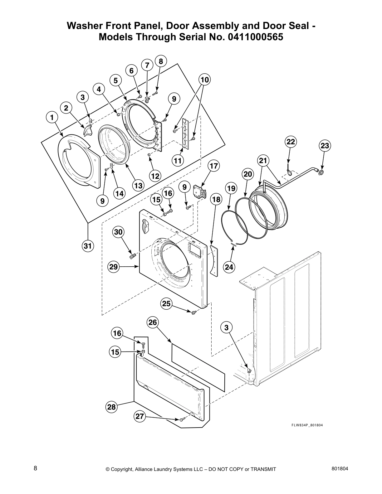 Washer Front Panel, Door Assembly and Door Seal -
Models Through Serial No. 0411000565