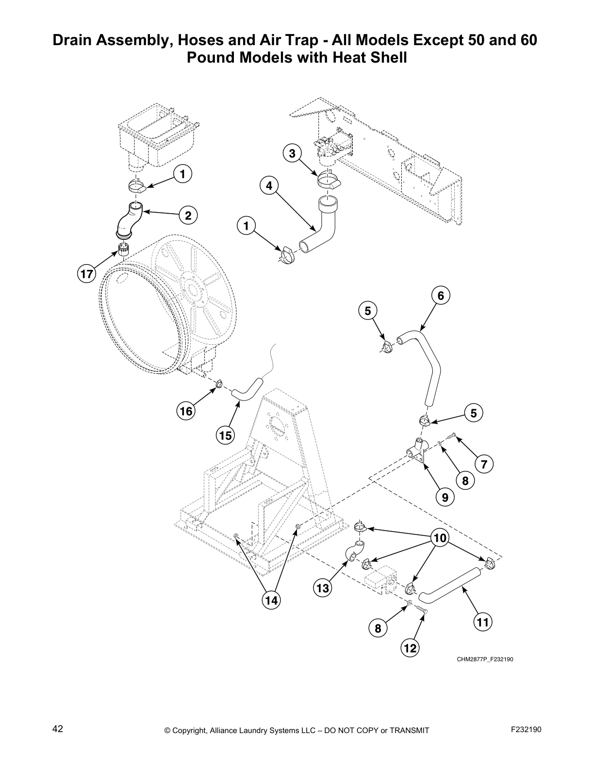 Drain Assembly, Hoses and Air Trap - All Models Except 50 and 60
Pound Models with Heat Shell