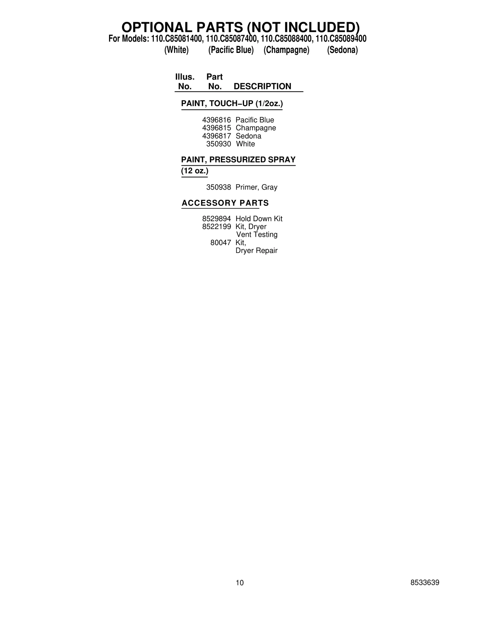 OPTIONAL PARTS (NOT INCLUDED)