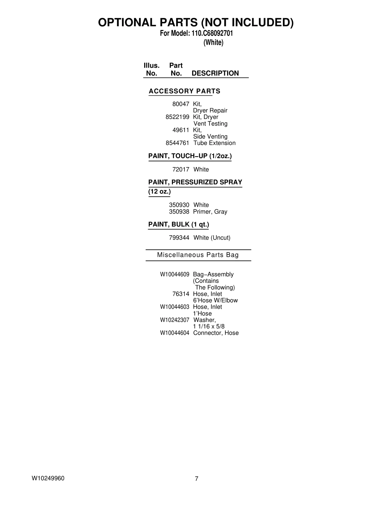 OPTIONAL PARTS (NOT INCLUDED)