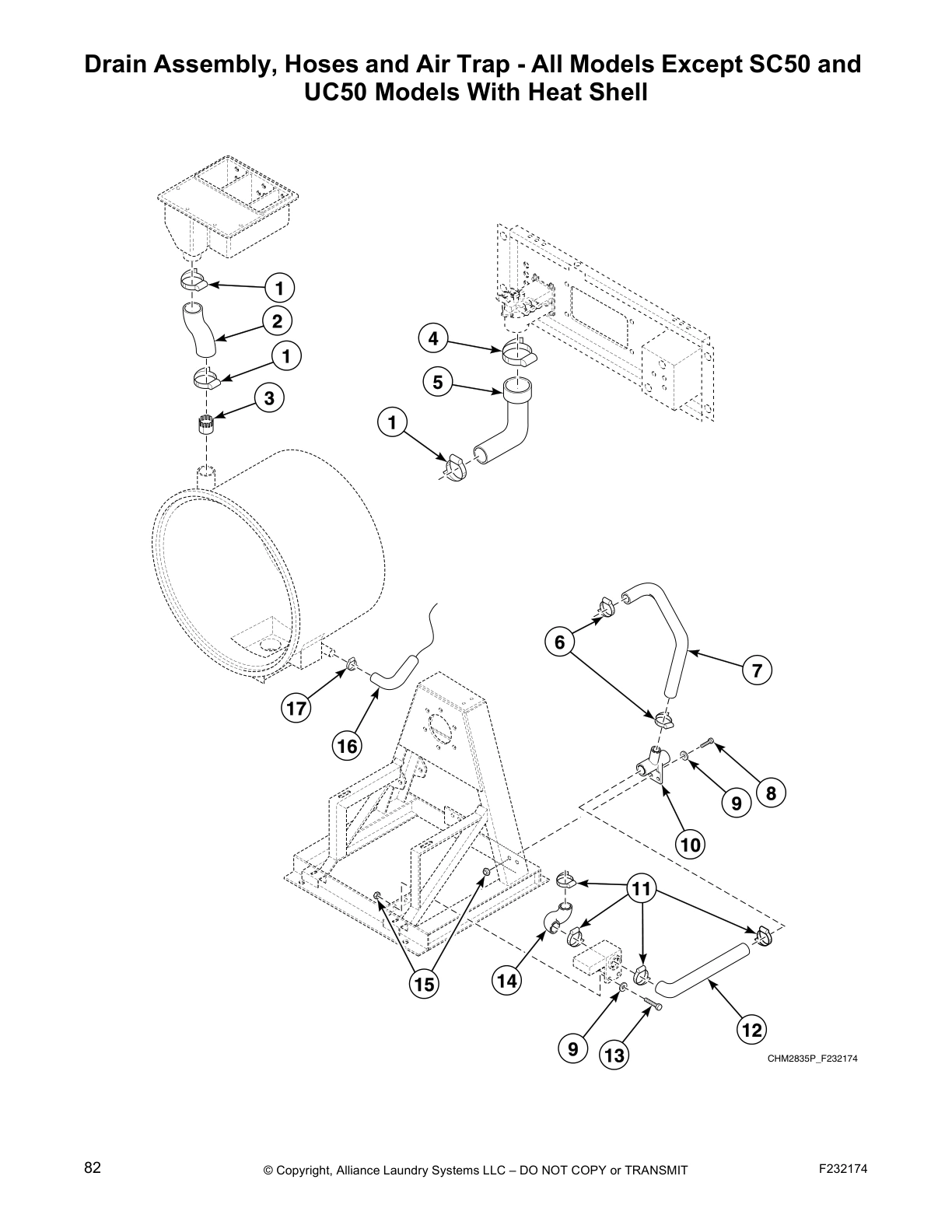 Drain Assembly, Hoses and Air Trap - All Models Except SC50 and 
UC50 Models With Heat Shell