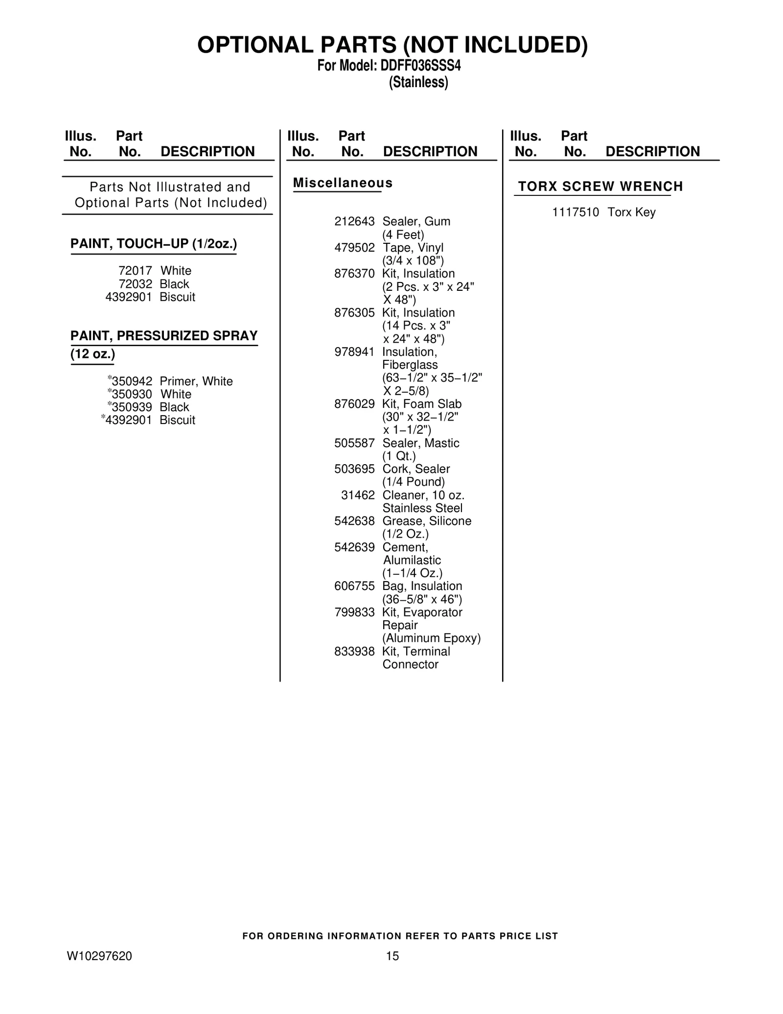 OPTIONAL PARTS (NOT INCLUDED)