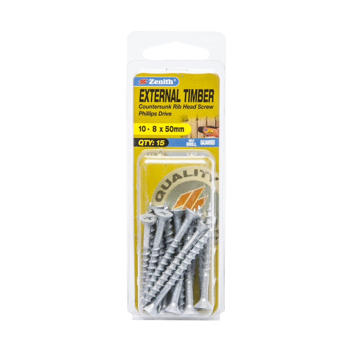 ZENITH® 10G x 50mm Galvanised, Phillips Drive, Timber Screws – External Use – 15 Pack