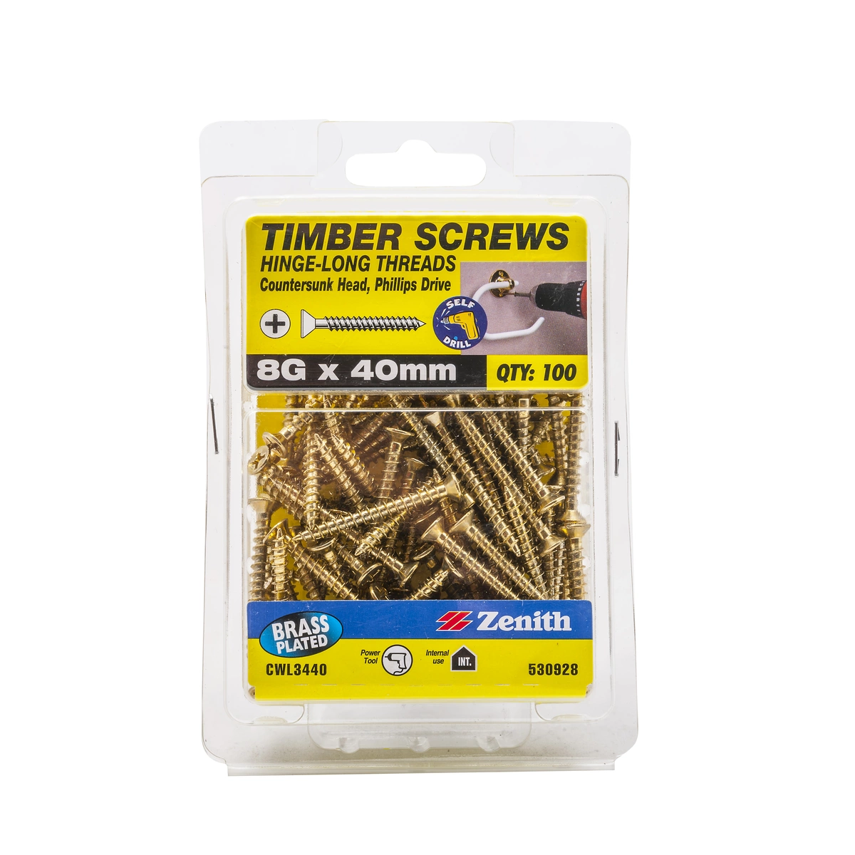 ZENITH® 8G x 40mm Brass Plated, Phillips Drive, Timber Screws – Internal Use – 100 Pack
