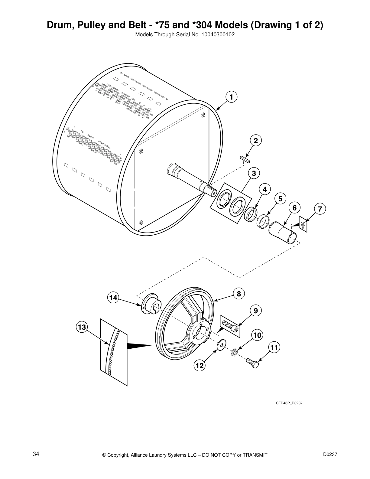 Drum, Pulley and Belt - *75 and *304 Models (Drawing 1 of 2)