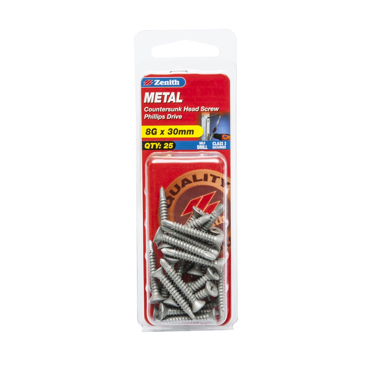 ZENITH® 8G x 30mm Class 3 Galvanised, Self Drilling, Phillips Drive, Countersunk Head, Metal Screws – External Use – 25 Pack