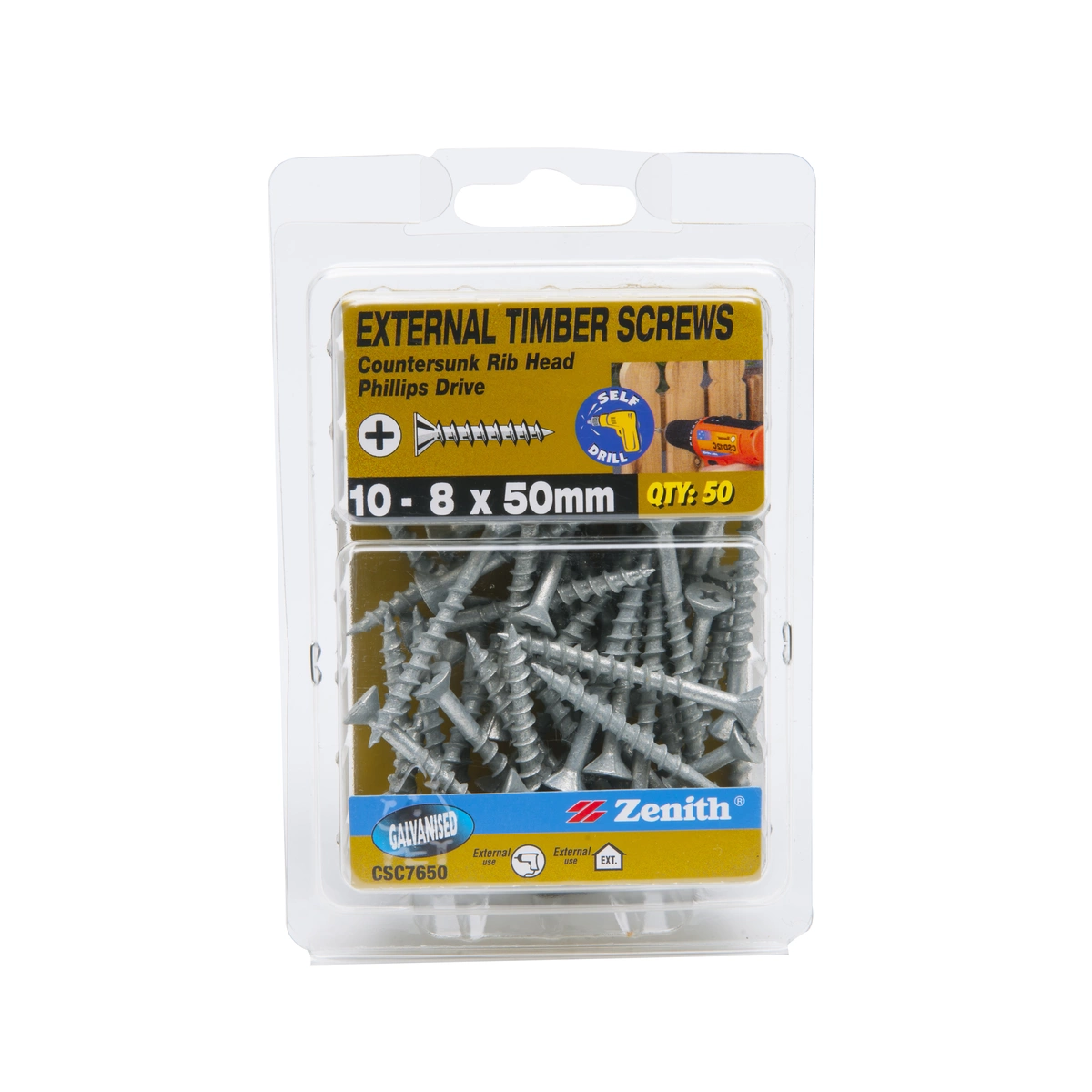 ZENITH® 10G x 50mm Galvanised, Phillips Drive, Timber Screws – External Use – 50 Pack