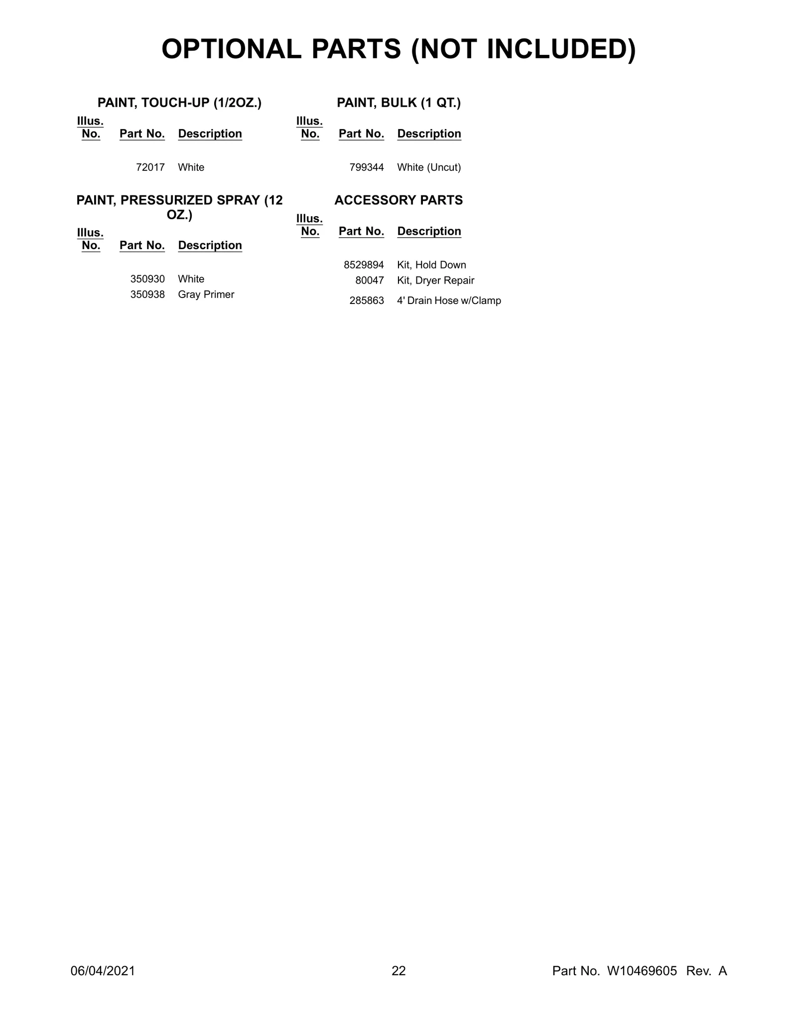 OPTIONAL PARTS (NOT INCLUDED)