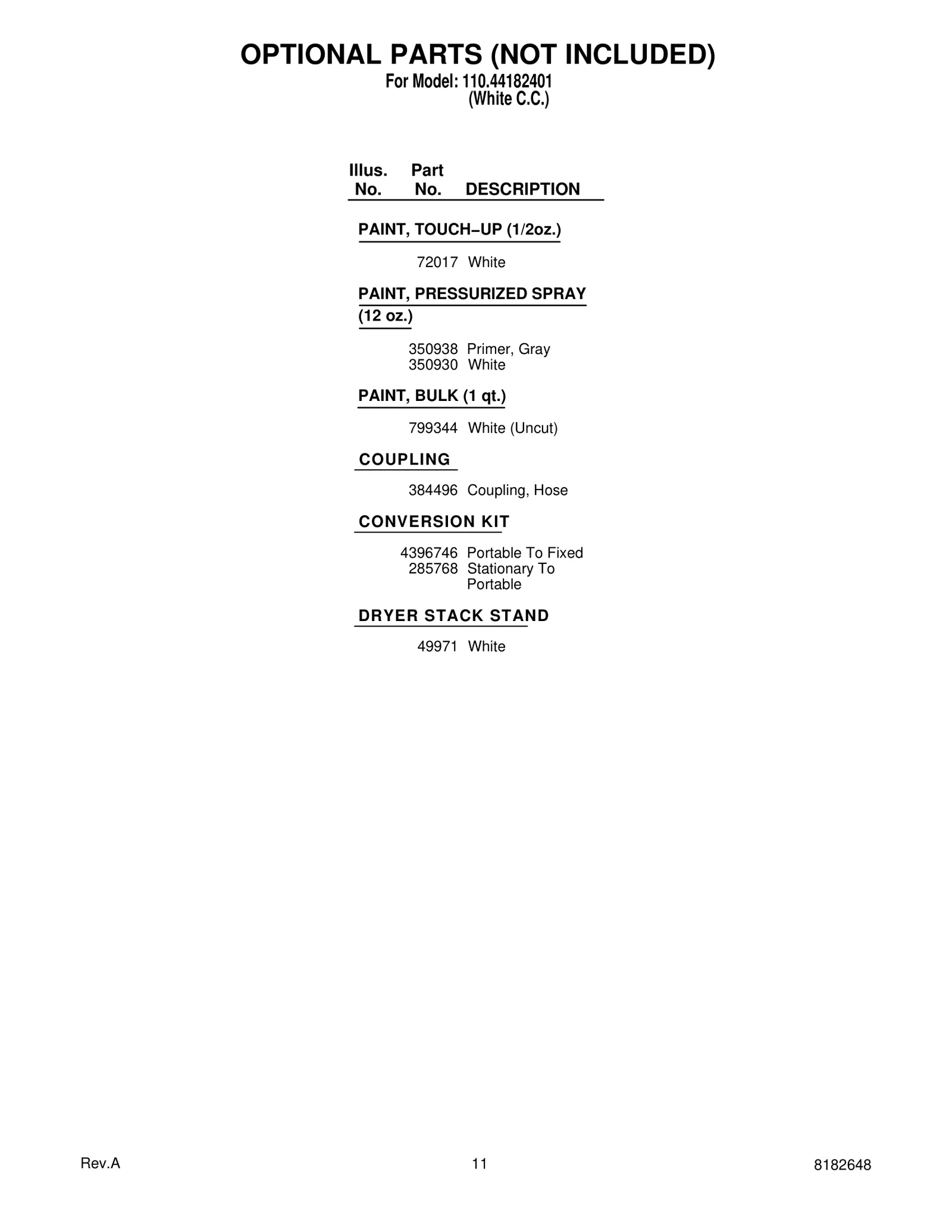 OPTIONAL PARTS (NOT INCLUDED)