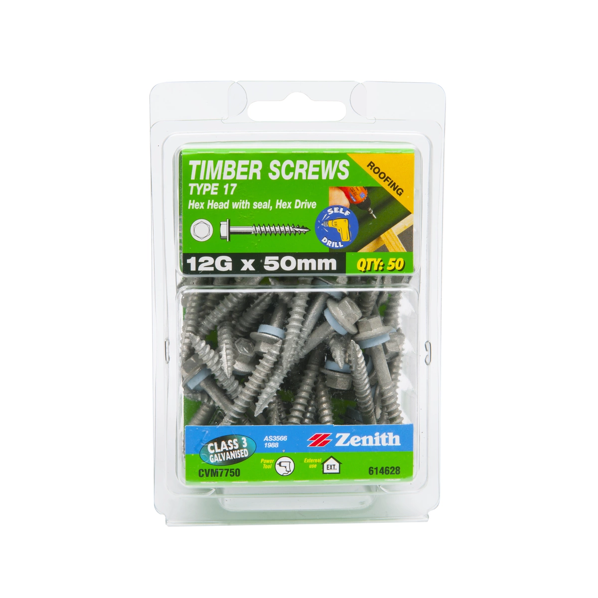 ZENITH® 12G x 50mm Class 3 Galvanised, External Hex Drive, Hex Head, Cladding & Roofing Screws with Seal – External Use – 50 Pack
