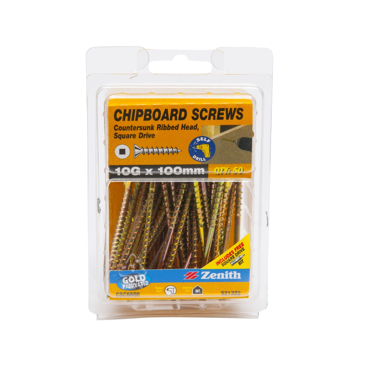 ZENITH® 10G x 100mm Gold Passivated, Square Drive, Chipboard Screws – Internal Use – 50 Pack