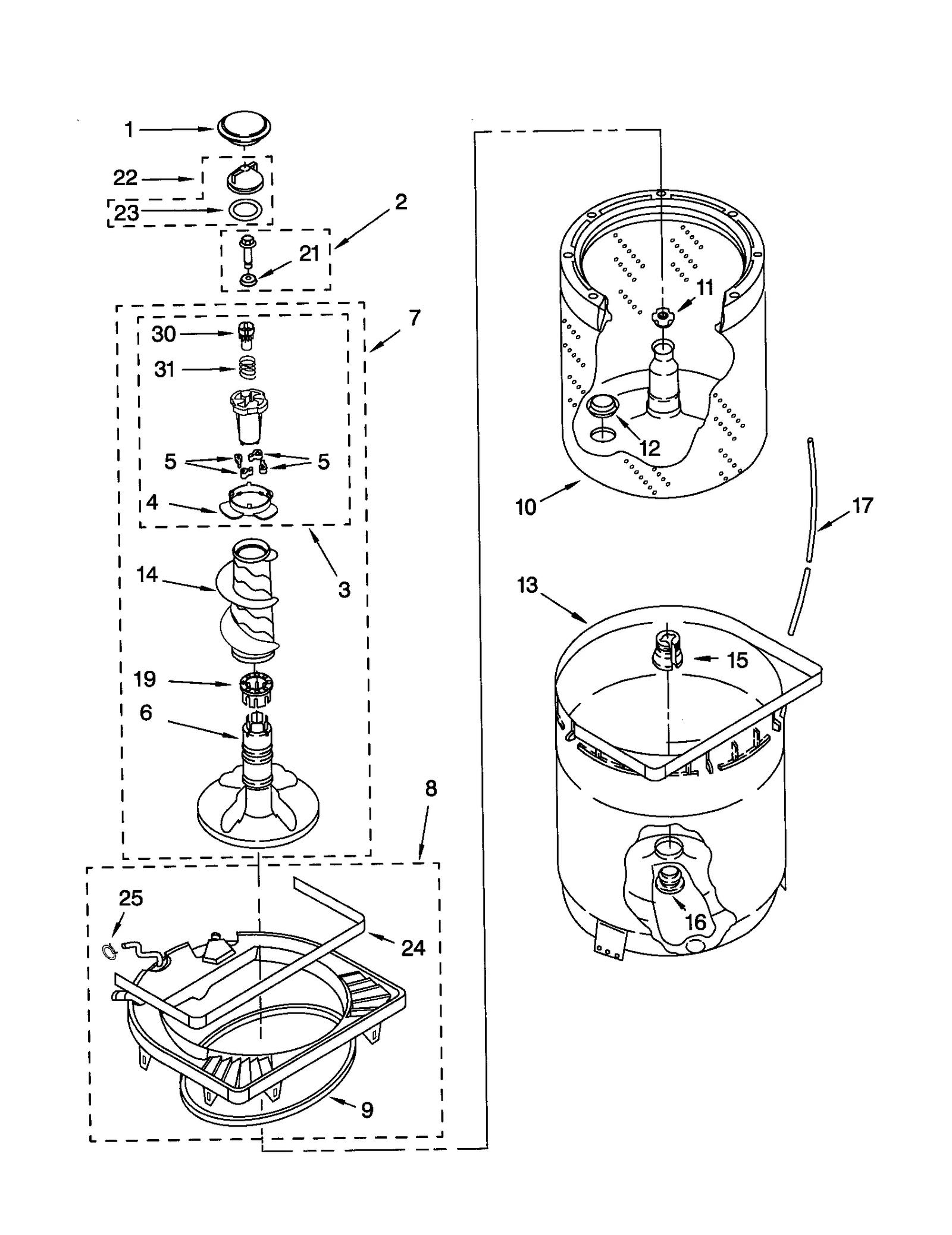 AGITATOR, BASKET AND TUB