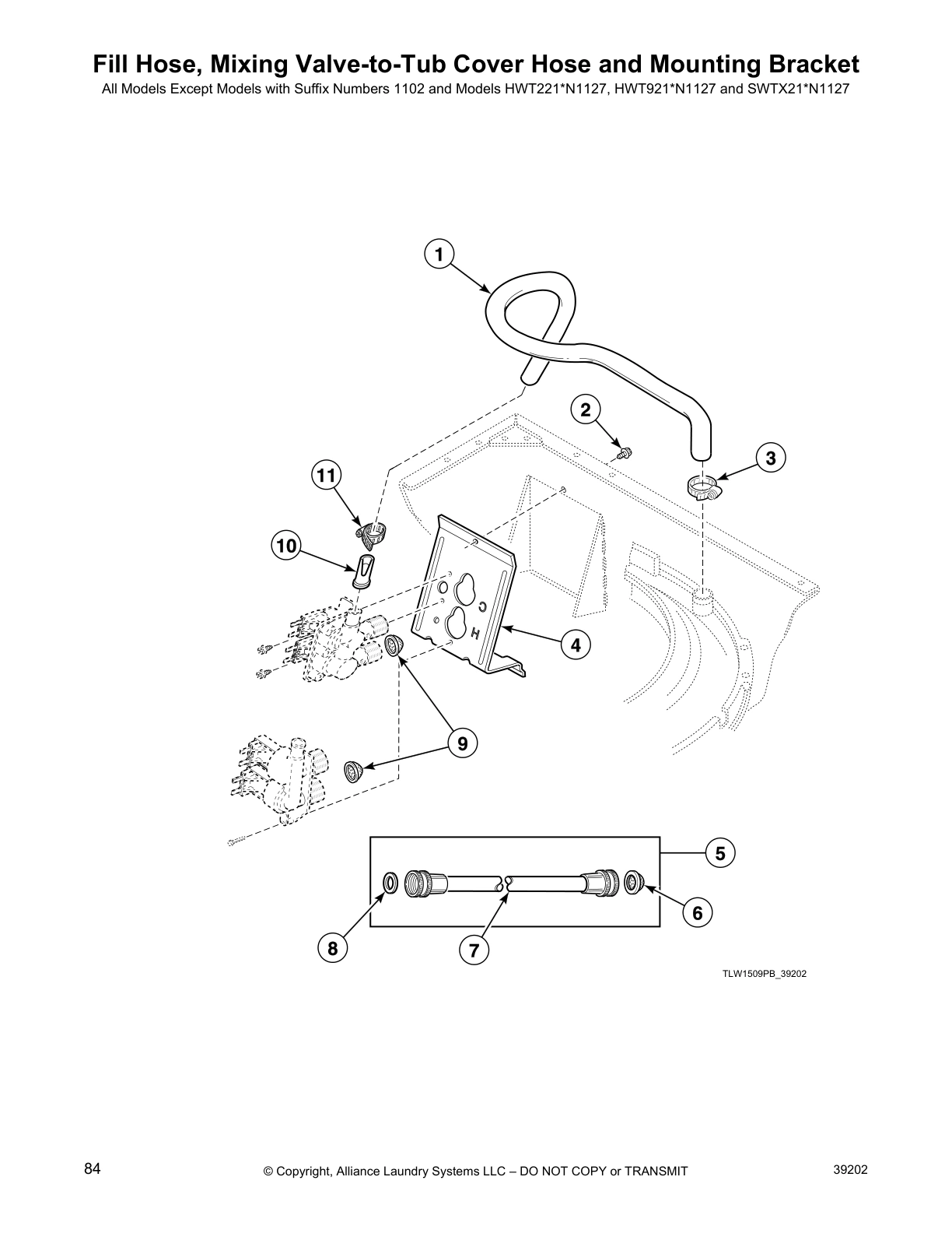 Fill Hose, Mixing Valve-to-Tub Cover Hose and Mounting Bracket