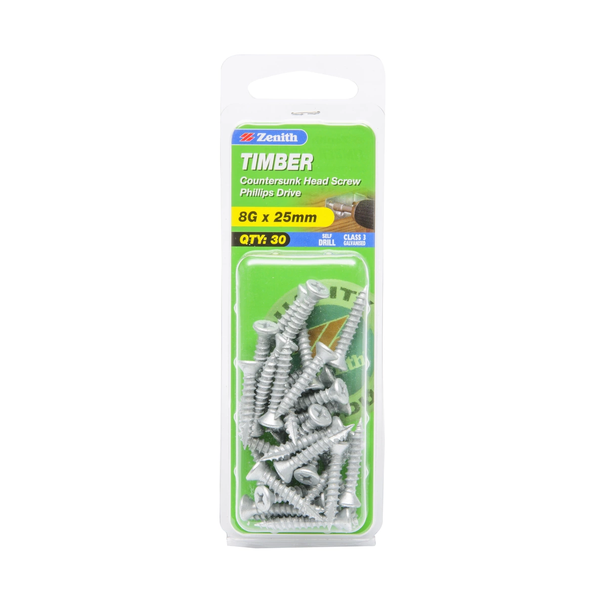 ZENITH® 8G x 25mm Class 3 Galvanised, Phillips Drive, Timber Screws – External Use – 30 Pack