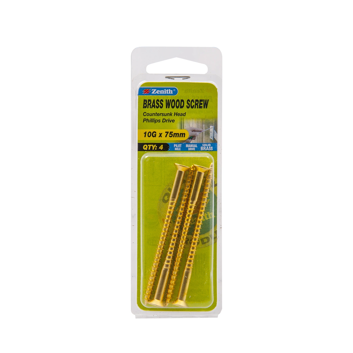 ZENITH® 10G x 75mm Solid Brass, Phillips Drive, Wood Screws – Internal Use – 4 Pack