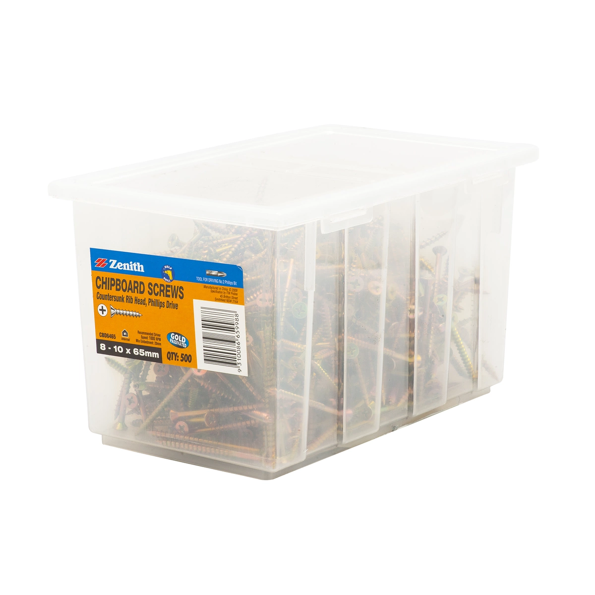 ZENITH® 8G x 65mm Gold Passivated, Phillips Drive, Chipboard Screws – Internal Use – 500 Pack