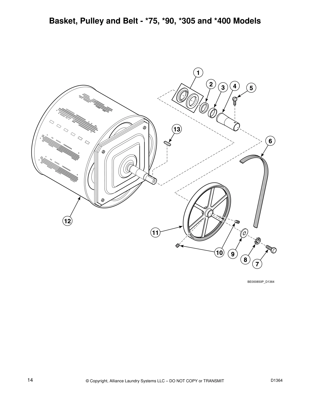 Basket, Pulley and Belt - *75, *90, *305 and *400 Models