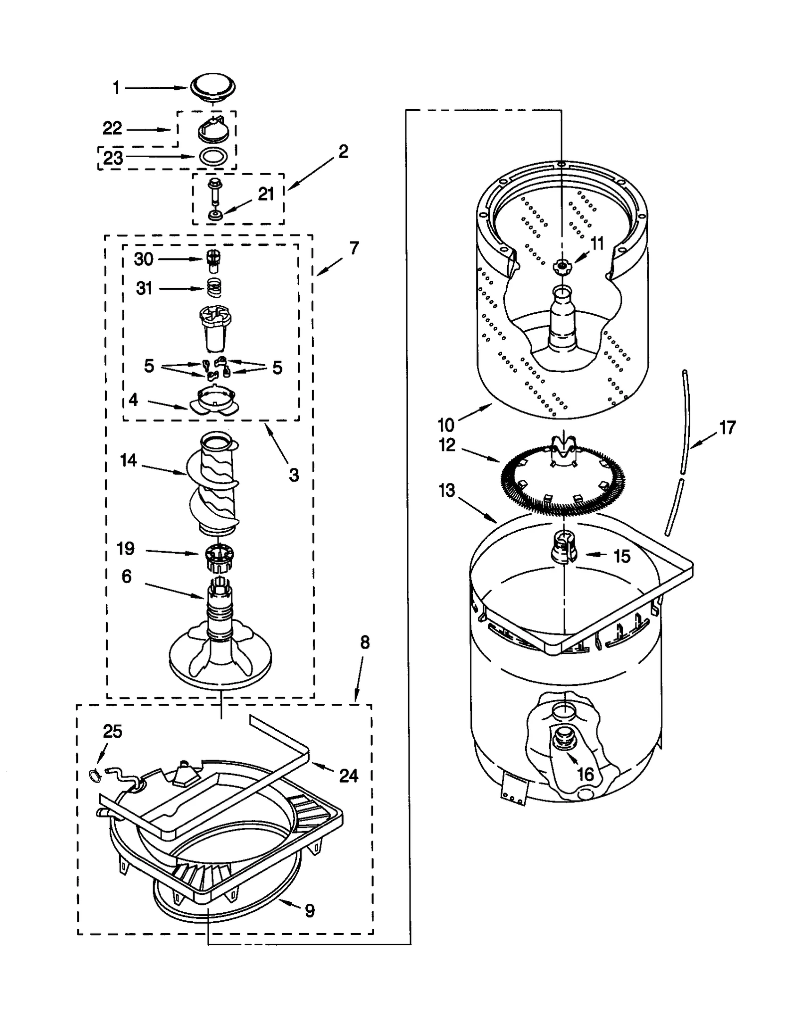 AGITATOR, BASKET AND TUB