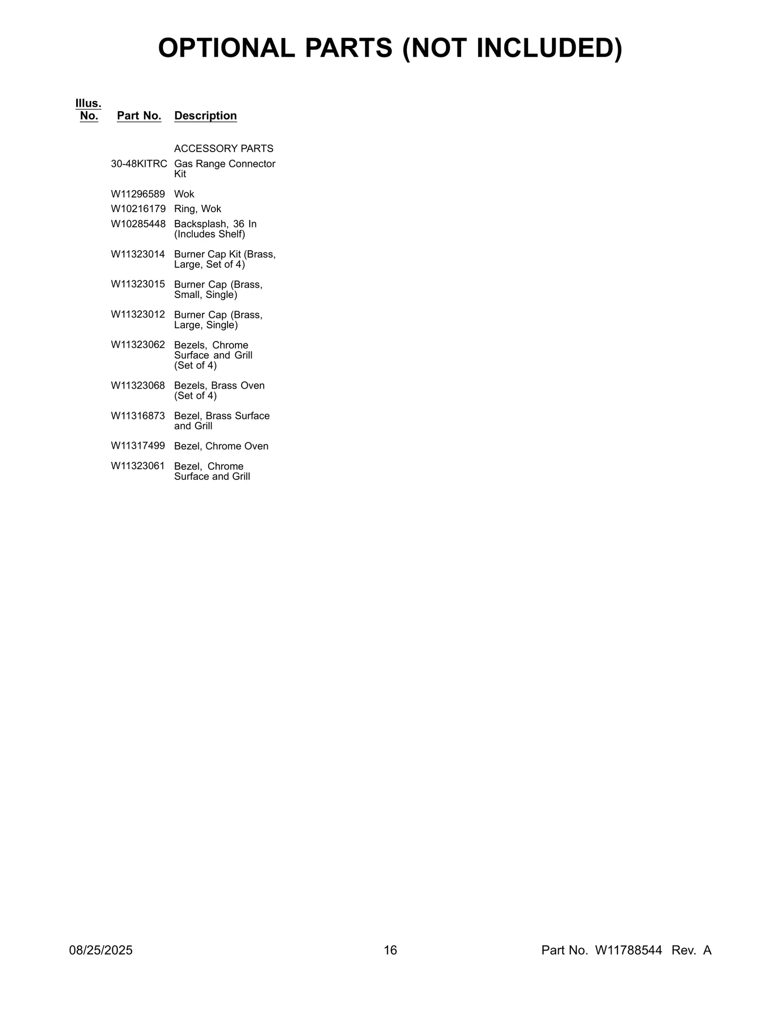 OPTIONAL PARTS (NOT INCLUDED)