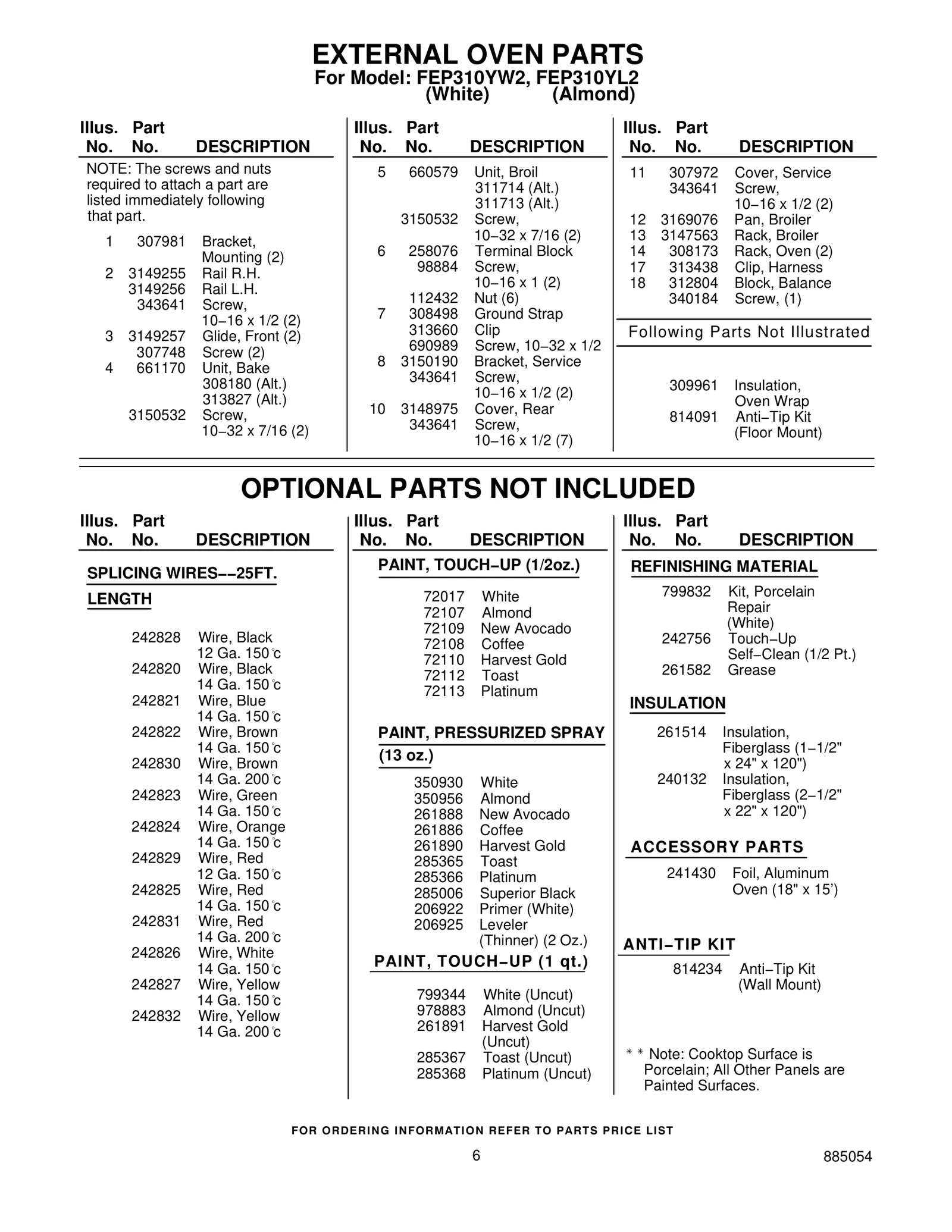 OPTIONAL PARTS NOT INCLUDED