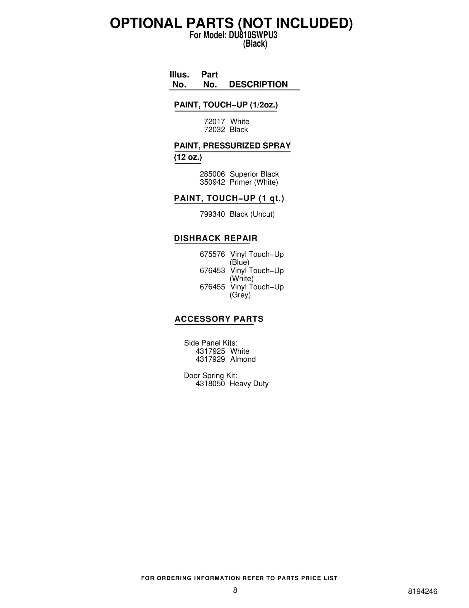 OPTIONAL PARTS (NOT INCLUDED)