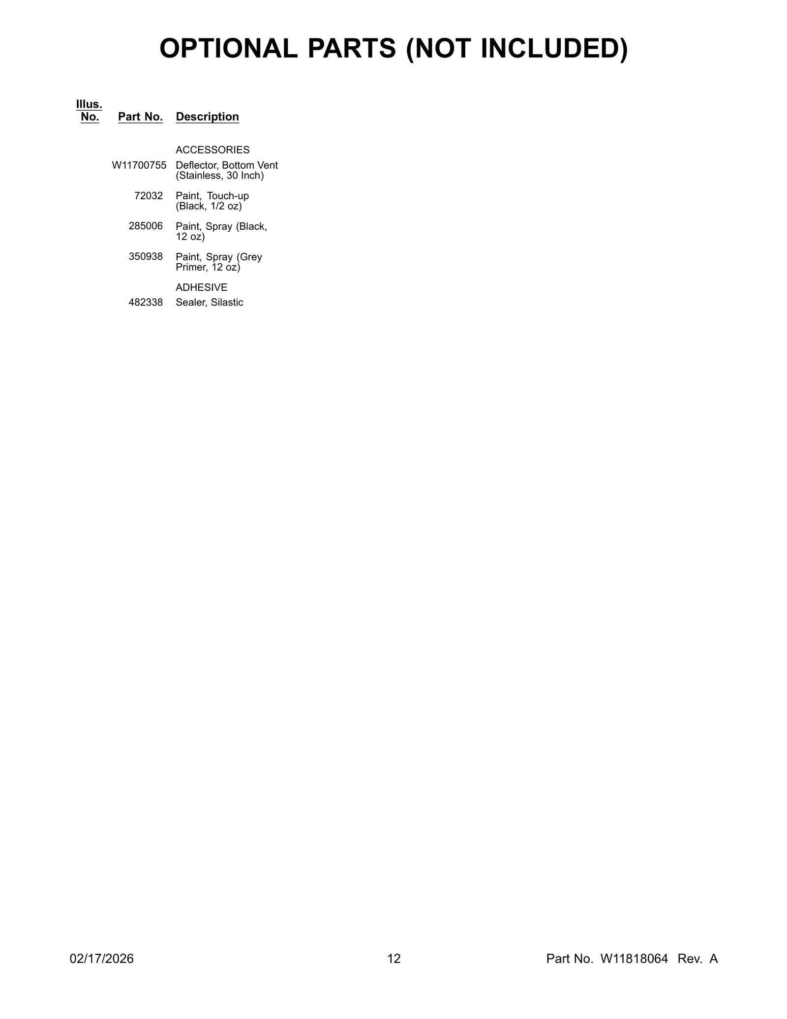 OPTIONAL PARTS (NOT INCLUDED)