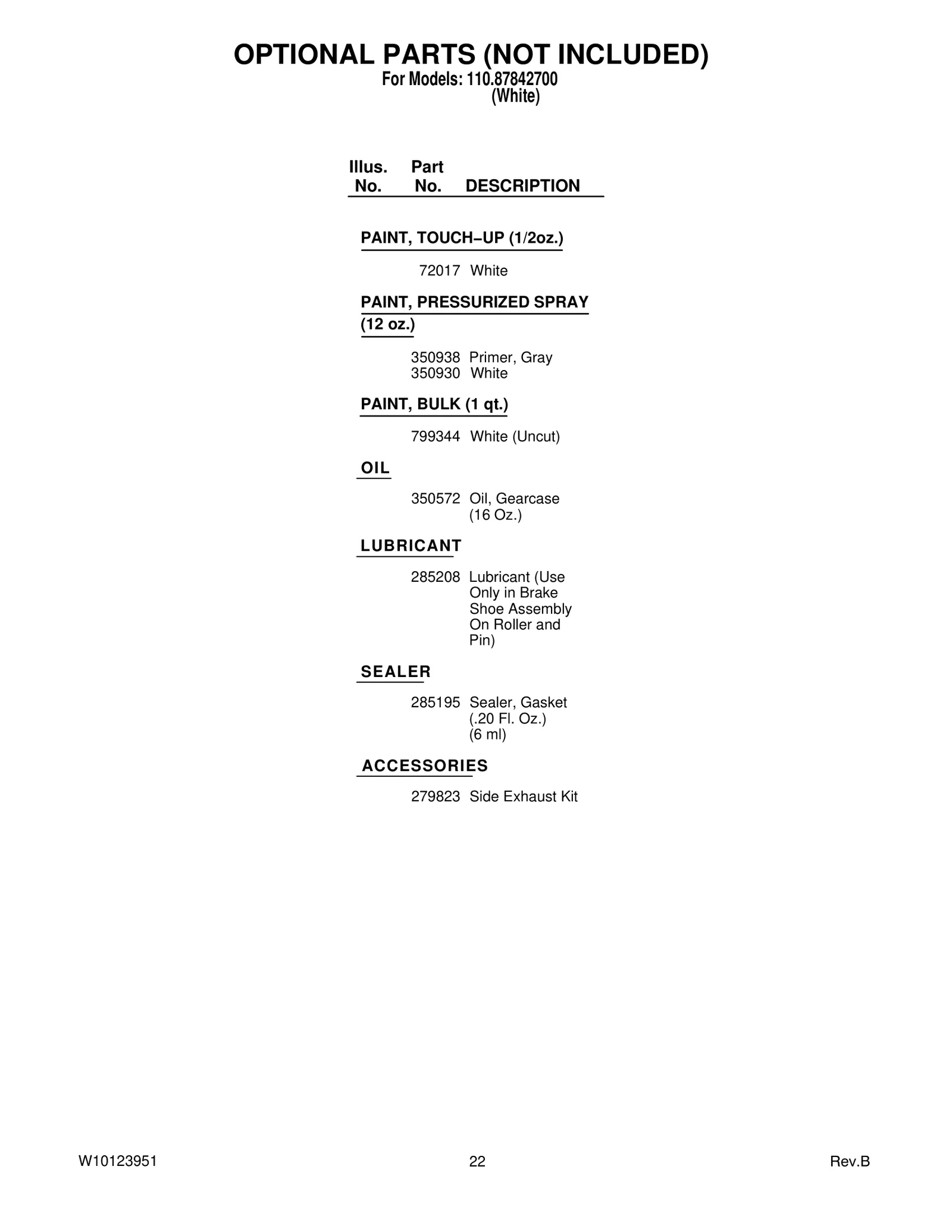 OPTIONAL PARTS (NOT INCLUDED)