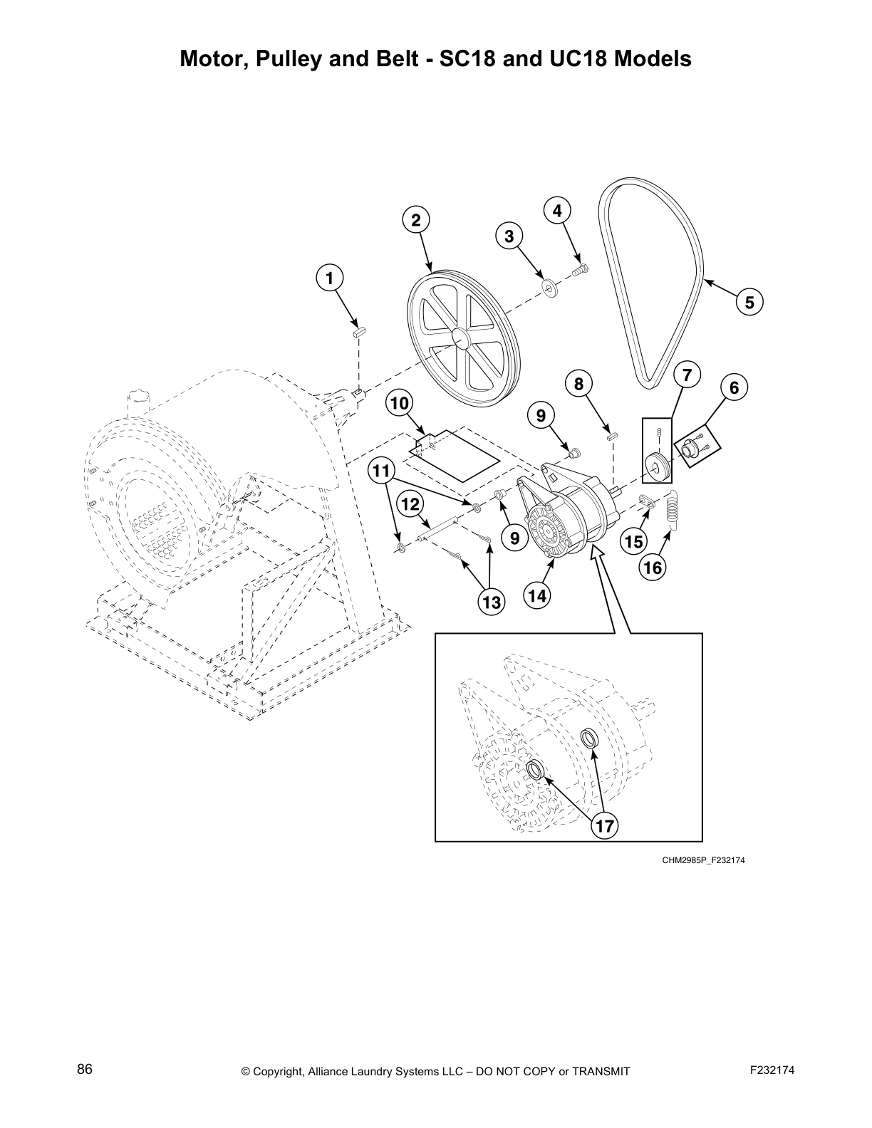 Motor, Pulley and Belt - SC18 and UC18 Models