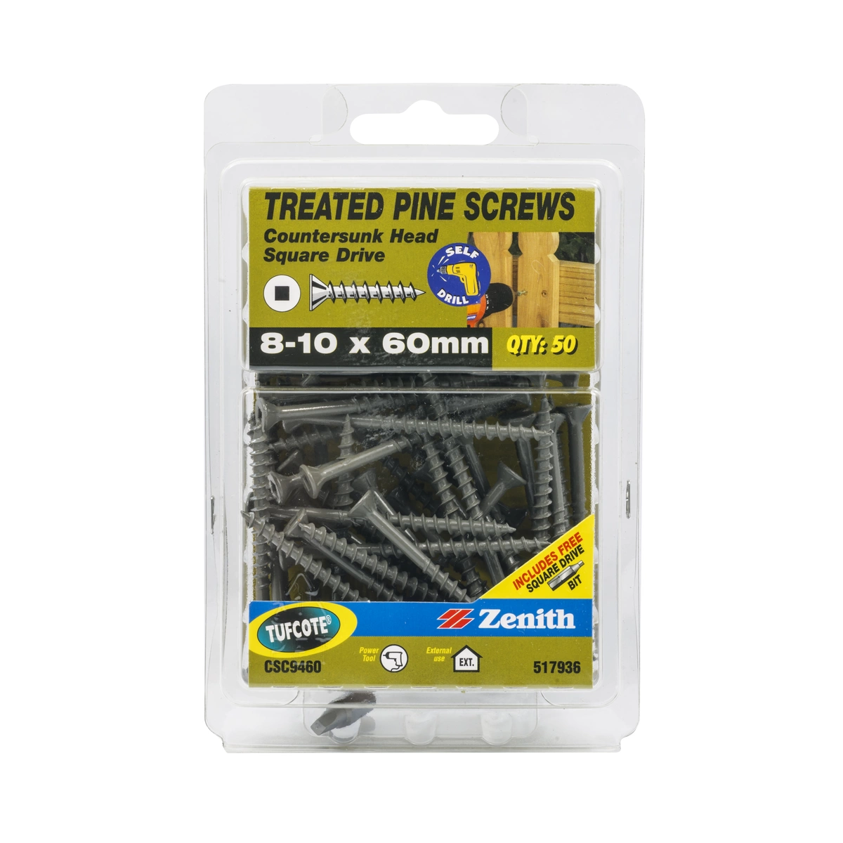 ZENITH® 8G x 60mm TUFCOTE®, Square Drive, Treated Pine Screws – External Use – 50 Pack