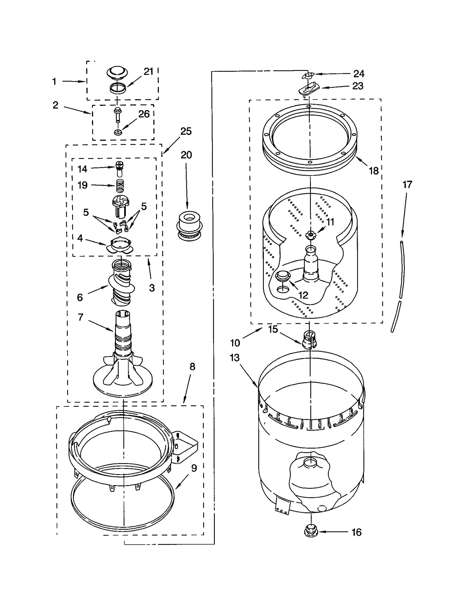 AGITATOR, BASKET AND TUB