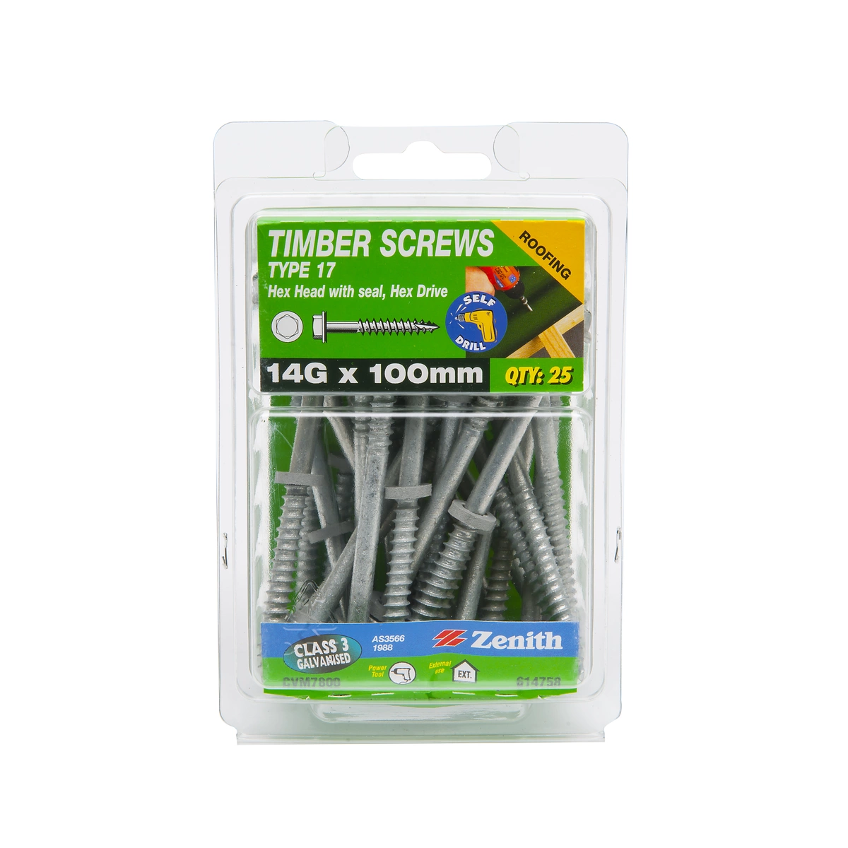ZENITH® 14G x 100mm Class 3 Galvanised, External Hex Drive, Cladding & Roofing Screws with Seal – External Use – 25 Pack