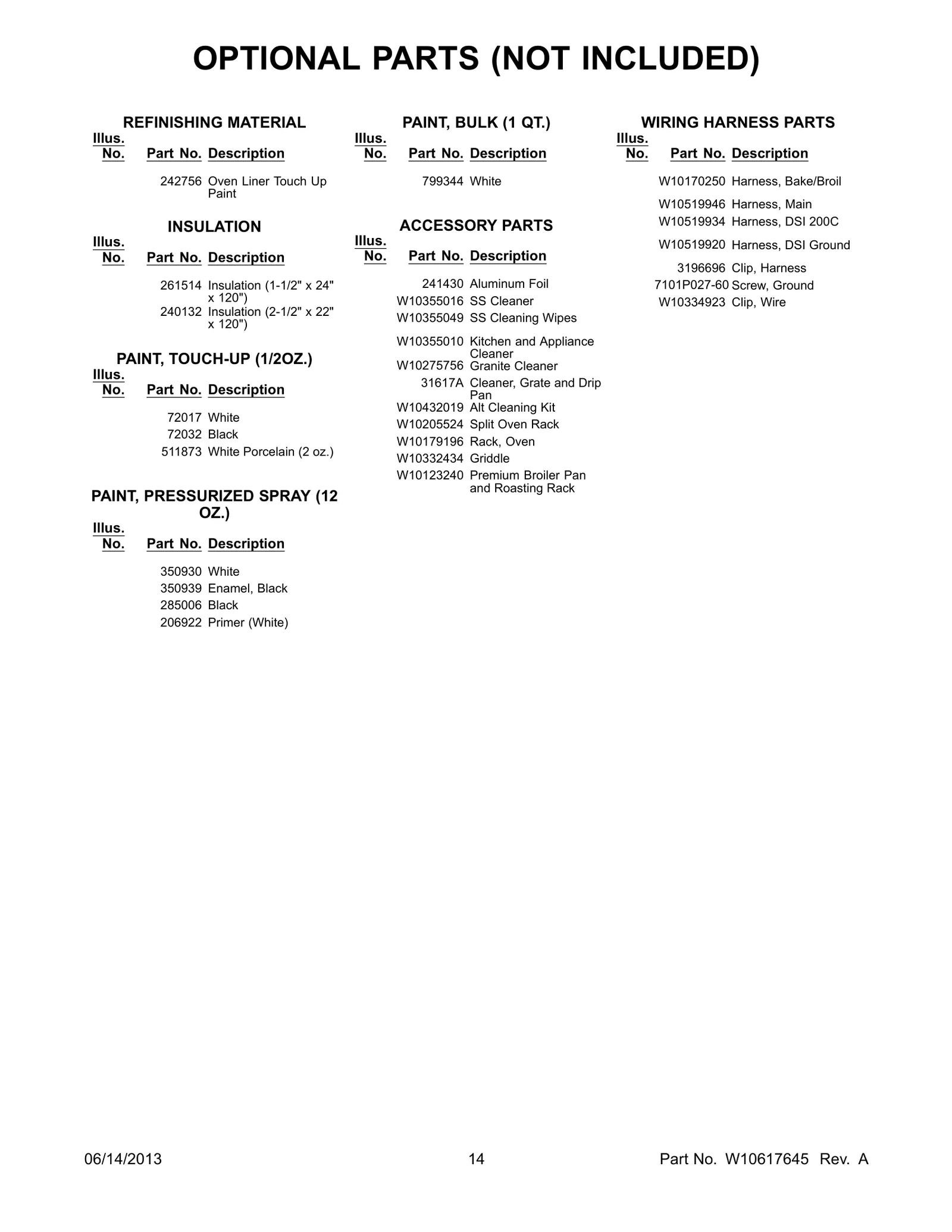 OPTIONAL PARTS (NOT INCLUDED)