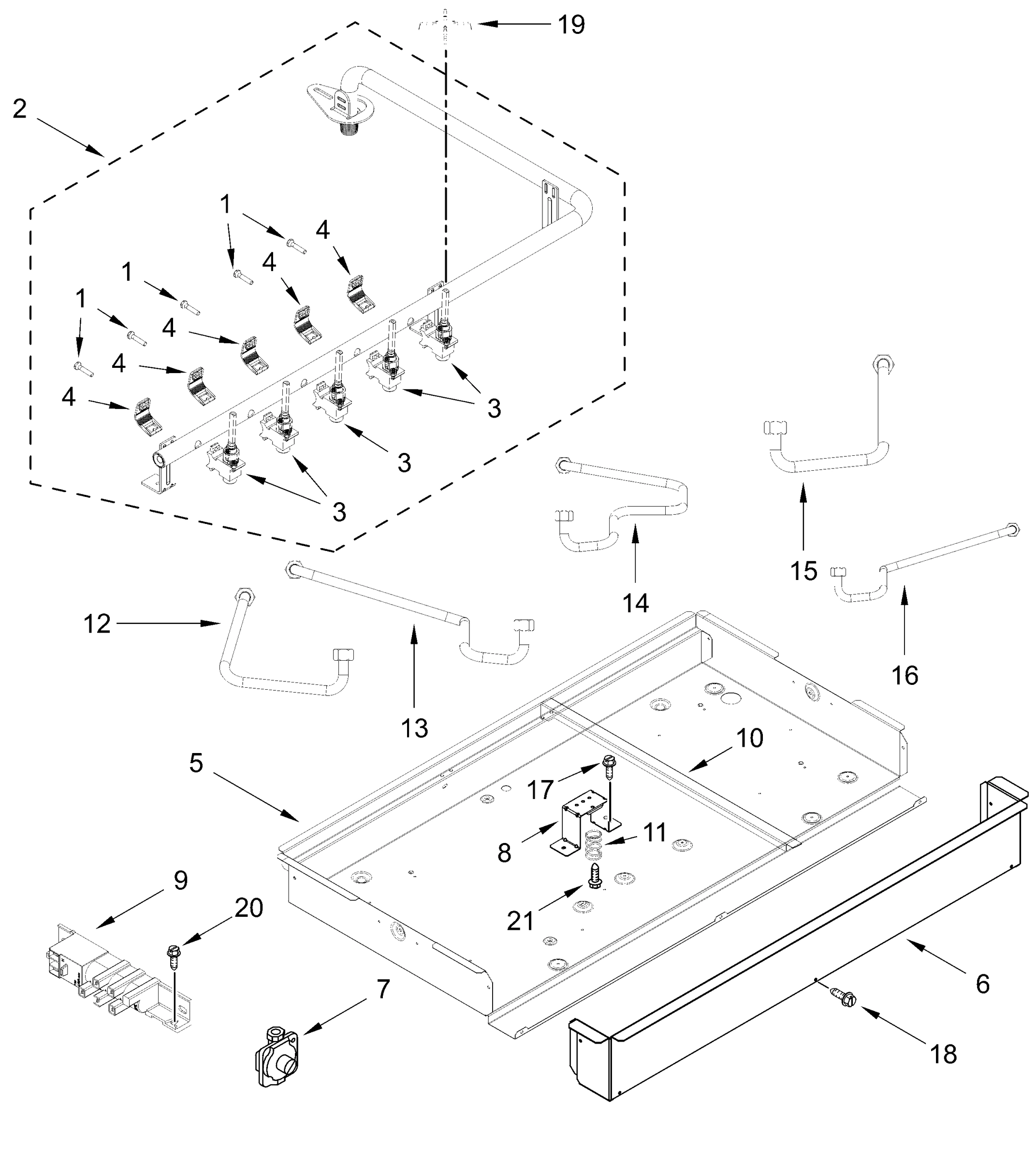 BURNER BOX, GAS VALVES AND SWITCH PARTS