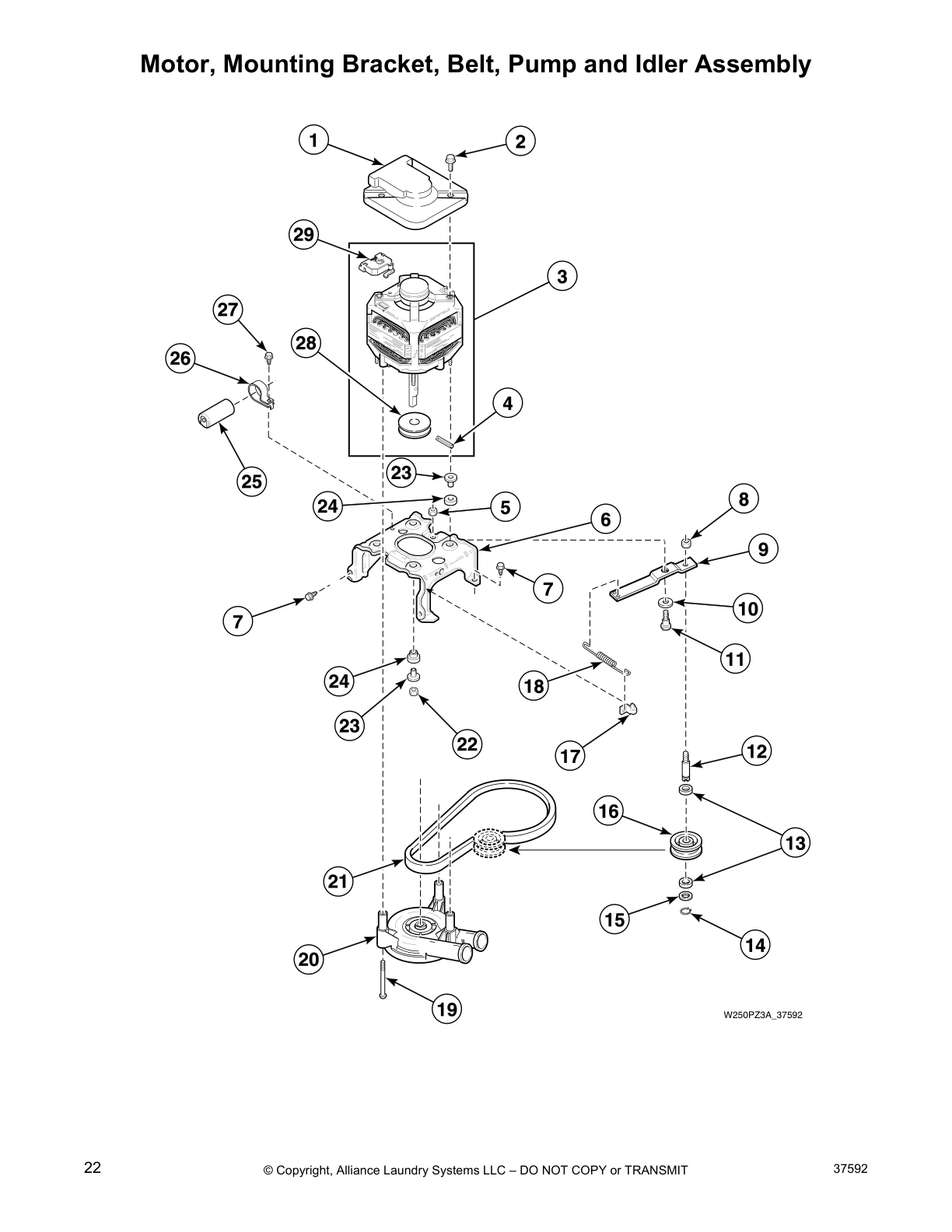 Motor, Mounting Bracket, Belt, Pump and Idler Assembly