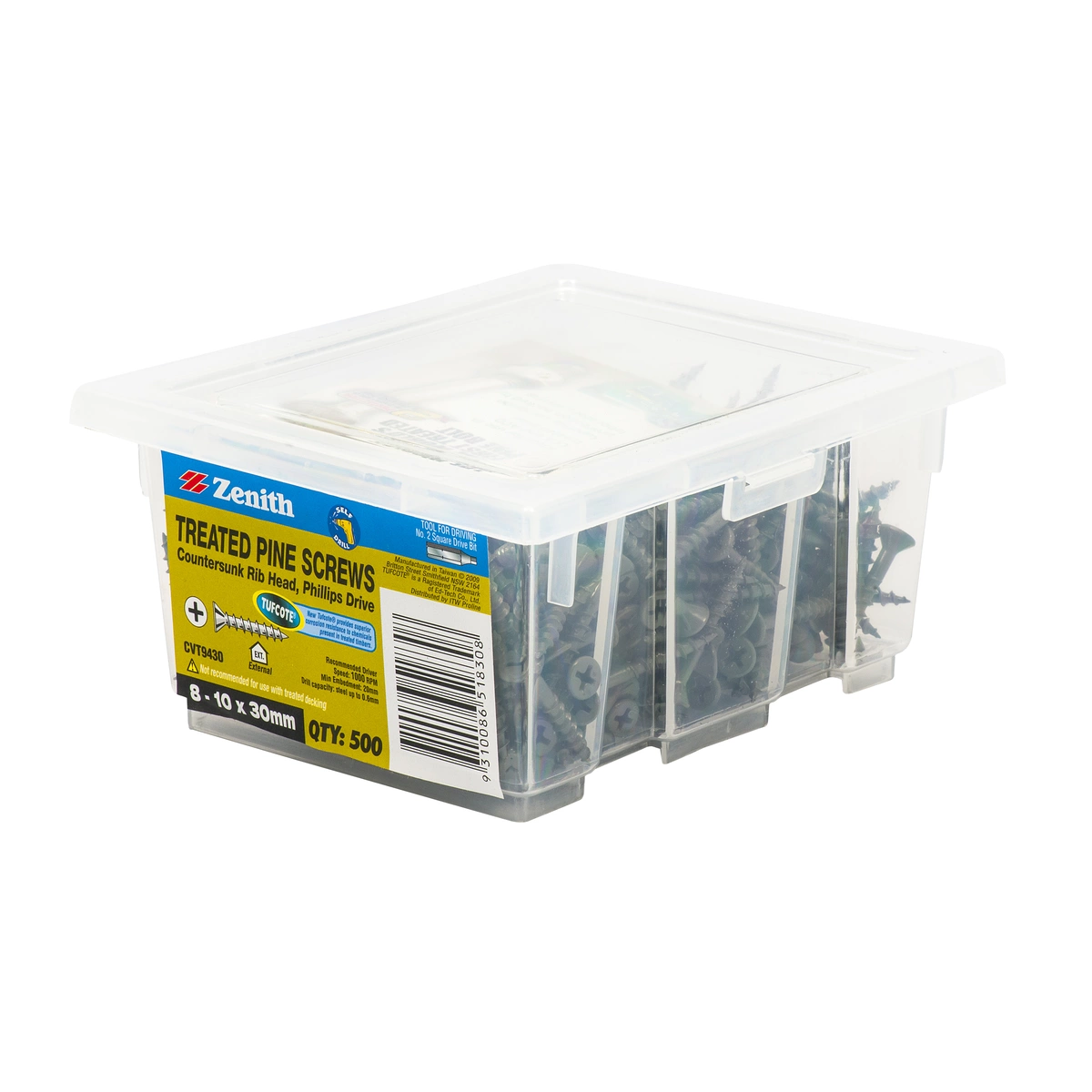 ZENITH® 8G x 30mm TUFCOTE®, Phillips Drive, Treated Pine Screws – External Use – 500 Pack