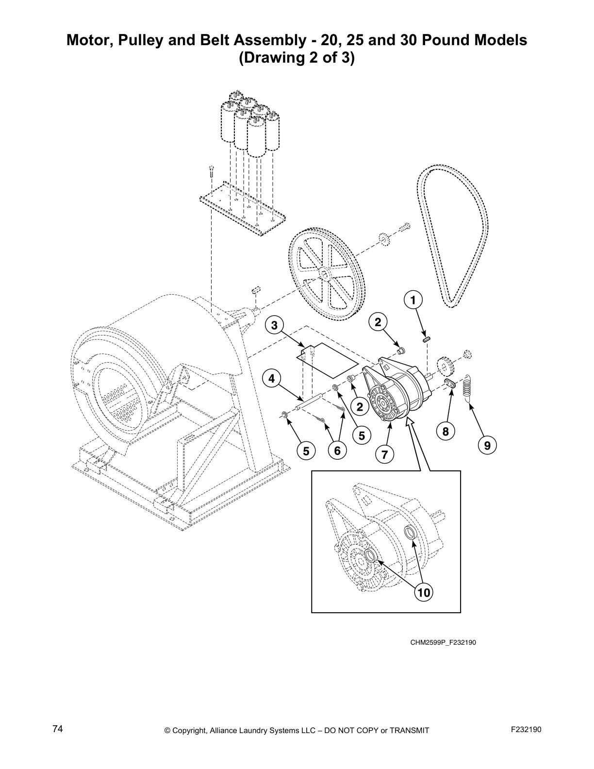 Motor, Pulley and Belt Assembly - 20, 25 and 30 Pound Models
(Drawing 2 of 3)