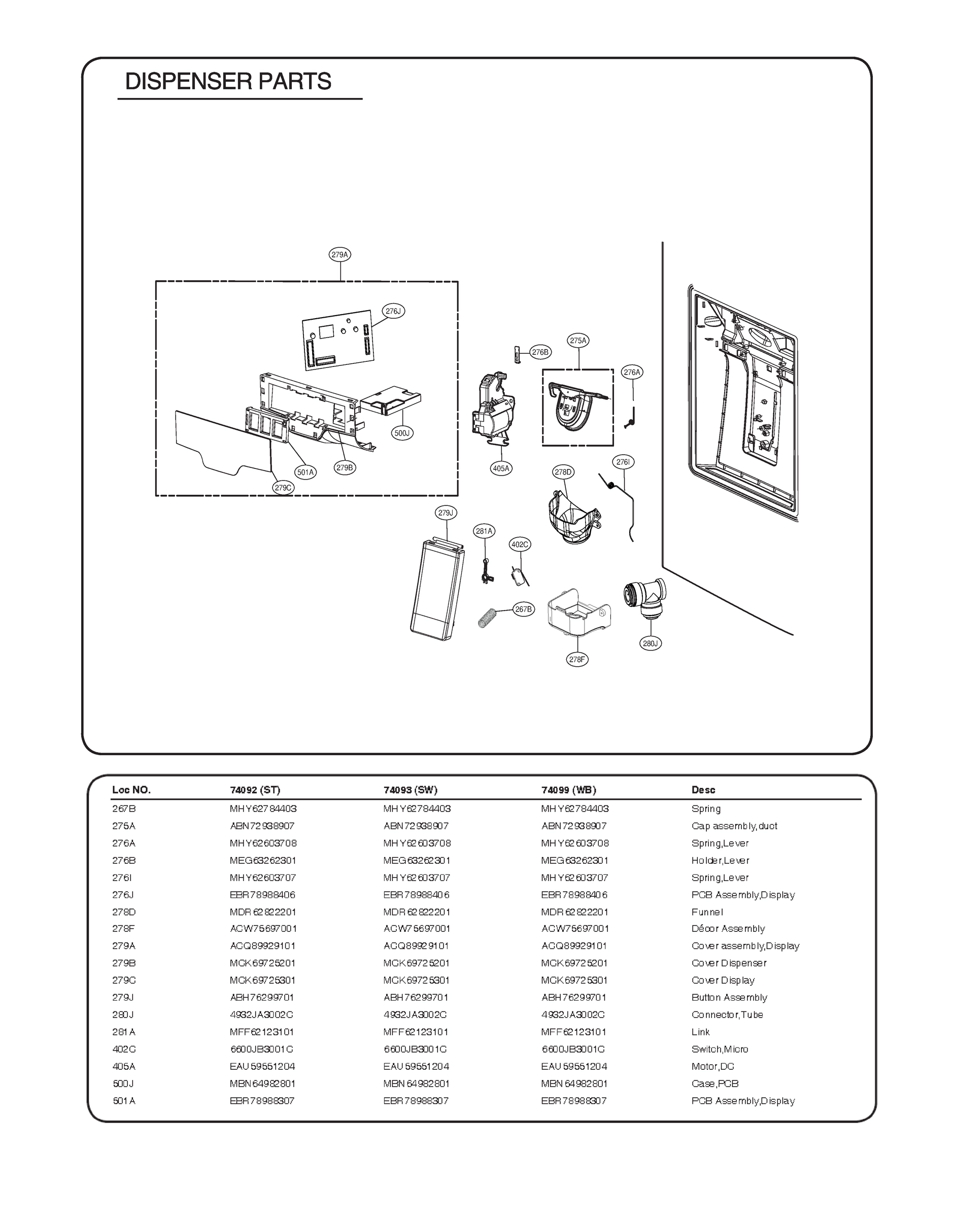 DISPENSER PARTS 74092 (ST) 74093 (SW} 74099 (WB)