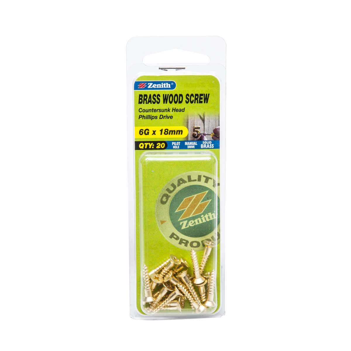 ZENITH® 6G x 18mm Solid Brass, Phillips Drive, Wood Screws – Internal Use – 20 Pack